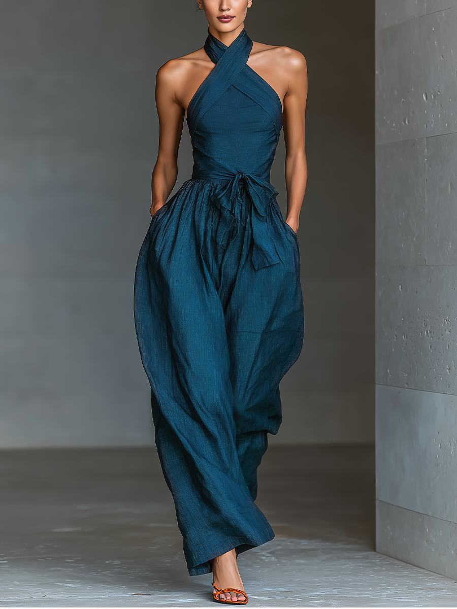 Women's Navy Blue Cross Halter Wide-Leg Jumpsuit With Tie Waist & Side Pockets