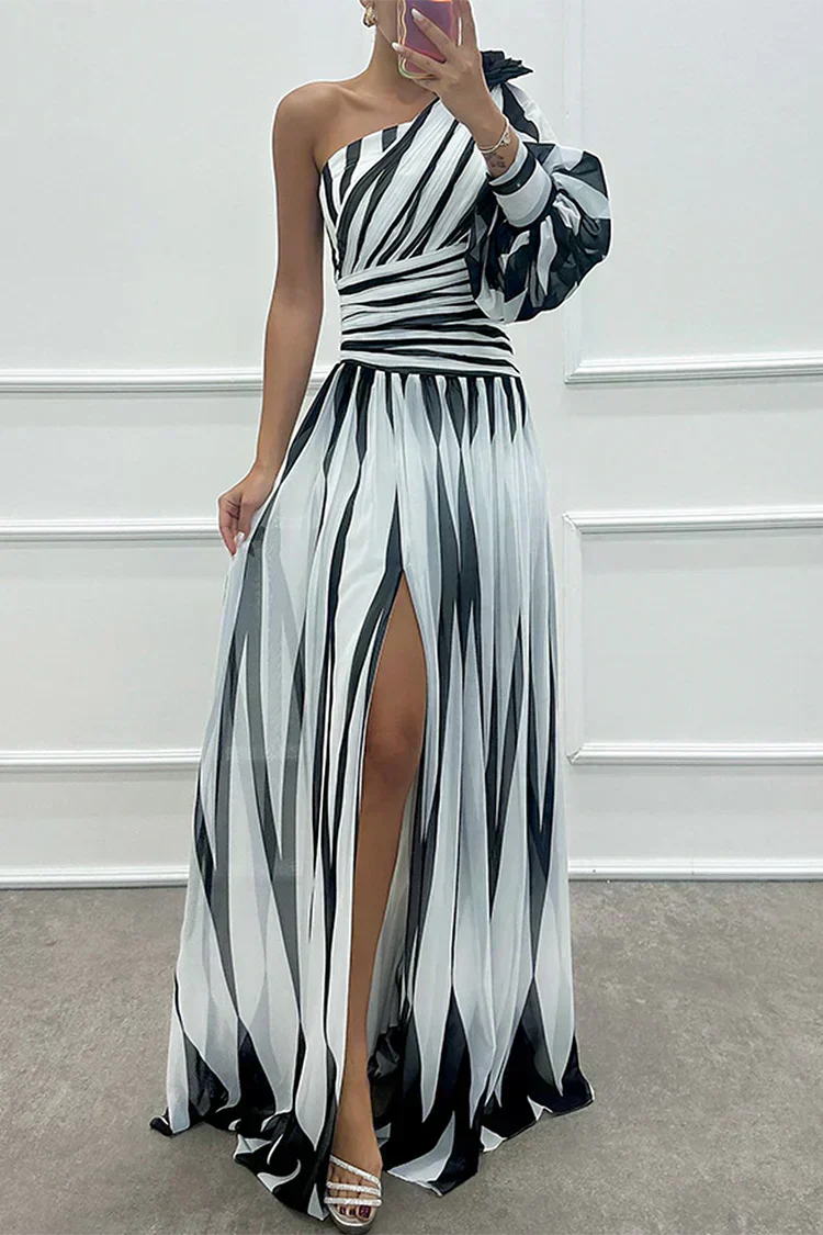 Shiloh - Elegant Striped Wedding Guest Maxi Dress with One Shoulder