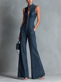 Women's Retro Style Dark Blue Denim Sleeveless High-Neck Flared Jumpsuit With Front Zipper