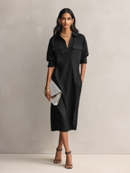 Women's Elegant Black Shirt Collar Short-sleeved Midi Dress