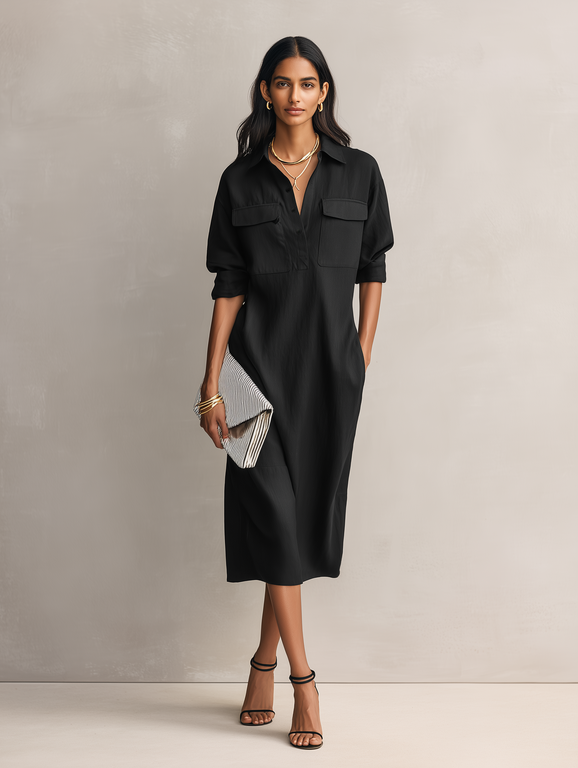 Women's Elegant Black Shirt Collar Short-sleeved Midi Dress
