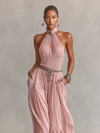 Women's Blush Pleated Jumpsuit With Halter Neck & Ruched Waist, Timeless Romantic-Elegant Style Jumpsuit (without Belt)