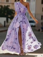 Julie | Light Green Floral Chiffon Maxi Dress with One Shoulder