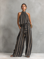 Women's Elegant Striped Printed Woven Round Neck Sleeveless Top Paired With Trousers Set