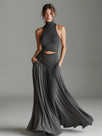 Women's Charcoal Gray Stretch Knit Dress With Turtleneck Halter & Cutout Waist, Timeless Minimalist Elegant Style Dress
