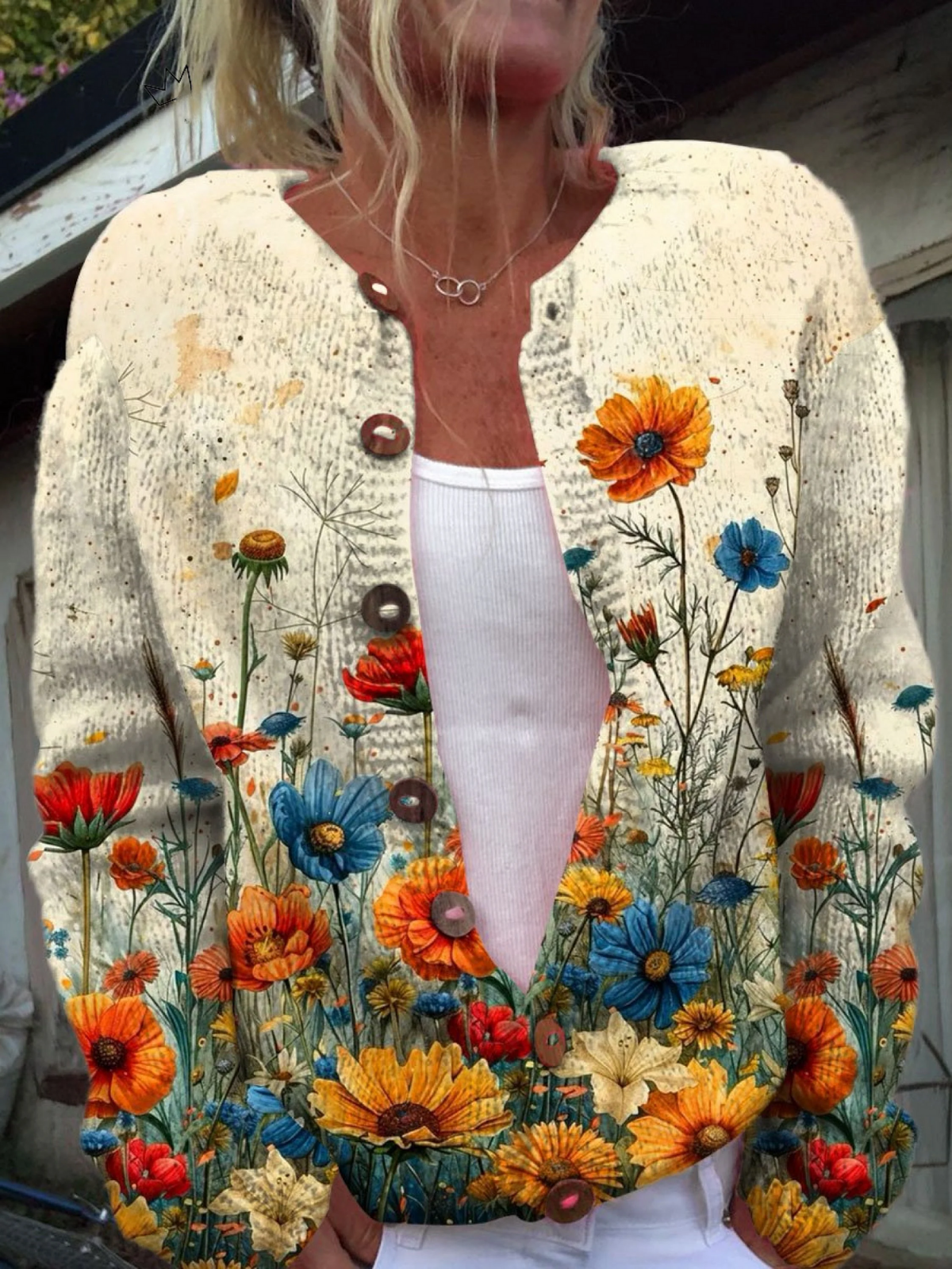 Vintage Floral Art Printed Buttoned Cardigan Sweater