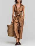 Women's Tobacco Brown Jumpsuit With Self-Tie Waist & Collared V-Neck, Timeless Resort-Casual Style Jumpsuit