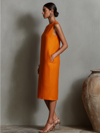 Women's Orange Shift Dress With Sleeveless Round Neck & Side Pockets, Timeless Minimalist-Elegant Style Dress