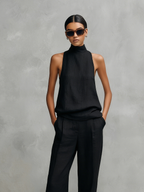 Women's Elegant Black Round-neck Sleeveless Top And Trousers Set