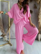 Mia™ - Casual V Neck Top with Wide Leg Pants Set