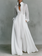 Elisa - Maxi Minimalist Dress with Patchwork, High Collar and Long Sleeves