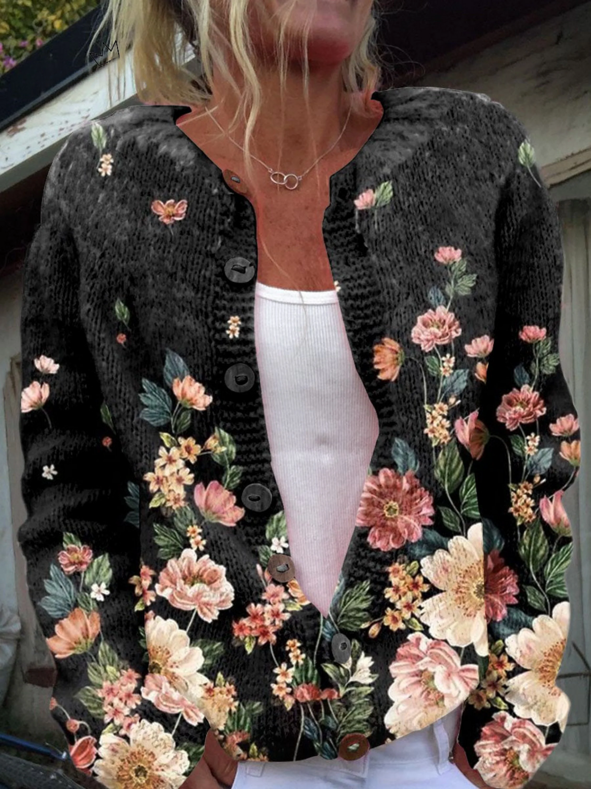 Floral Art Print Buttoned Casual Cardigan Sweater
