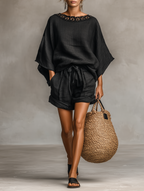 Women's Minimalist Lace Boat Neck Blouse And Shorts Set
