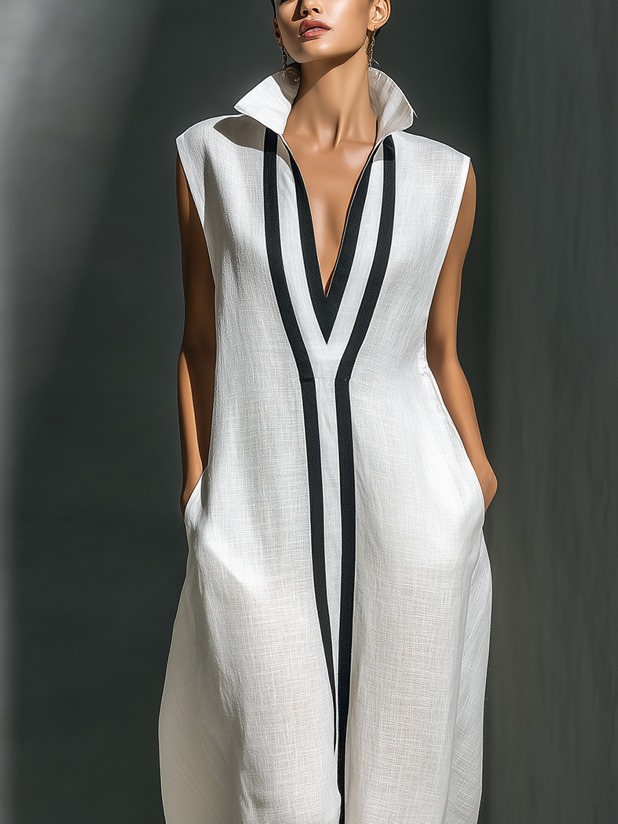 Women's White Sleeveless Maxi Dress With Black Contrast Trim