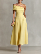 Women's Yellow Dress With One-Shoulder Neckline & Fitted Waist, Timeless Elegant-Chic Style Dress