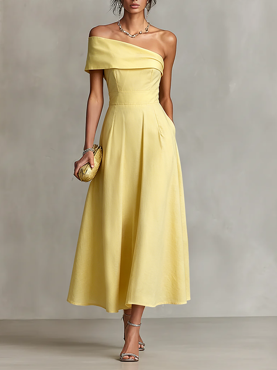 Women's Yellow Dress With One-Shoulder Neckline & Fitted Waist, Timeless Elegant-Chic Style Dress