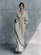 Women's Beige Striped V-Neck Shirred Waist Maxi Dress