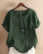 Linen | Women's Button Front Crew Neck Short Sleeve Casual Top