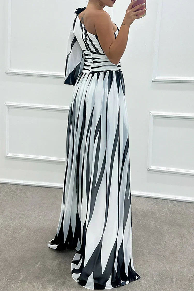 Shiloh - Elegant Striped Wedding Guest Maxi Dress with One Shoulder