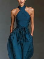 Women's Navy Blue Cross Halter Wide-Leg Jumpsuit With Tie Waist & Side Pockets