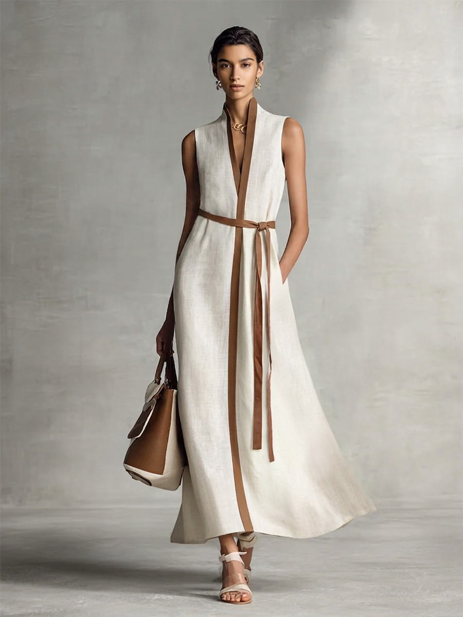Women's Sleeveless V-Neck Tie-Waist Maxi Dress