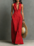 Women's Minimalist Collared Single-Breasted Sleeveless Maxi Shirt Dress