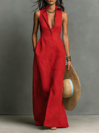 Women's Minimalist Collared Single-Breasted Sleeveless Maxi Shirt Dress