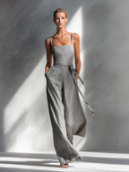 Women's Minimalist Gray Spaghetti-Strap Square-Neck Tie-Waist Wide-Leg Jumpsuit