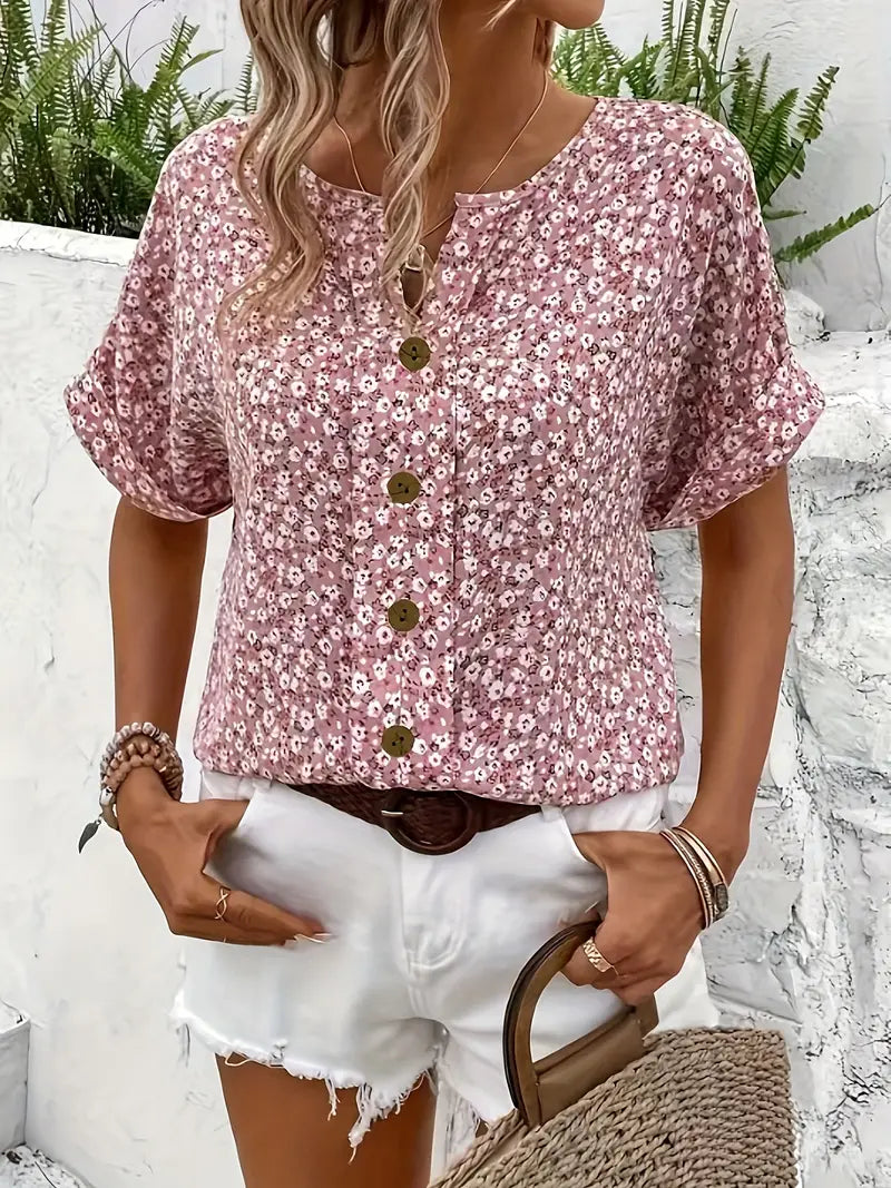Cindy™ | Floral Print Notched Colour Blouse