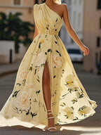Julie | Light Green Floral Chiffon Maxi Dress with One Shoulder