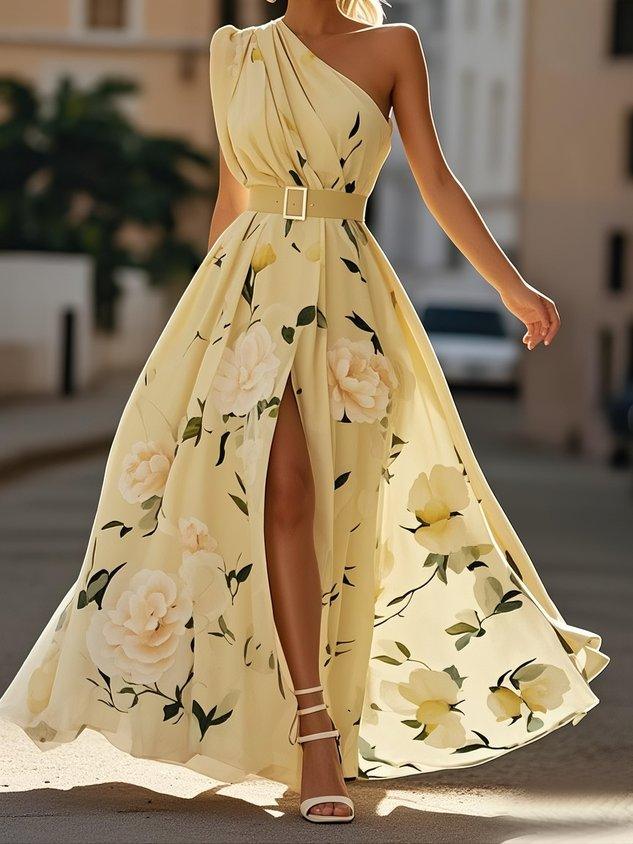 Julie | Light Green Floral Chiffon Maxi Dress with One Shoulder