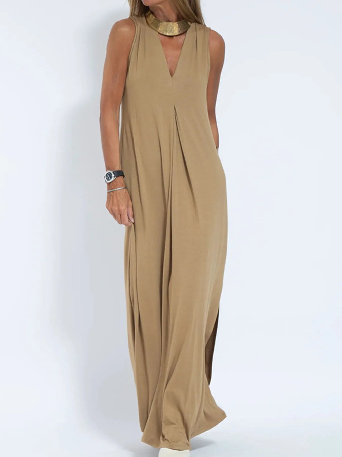 Maxi Dress Without Sleeves with V-Neck and Slit Plus Sizes