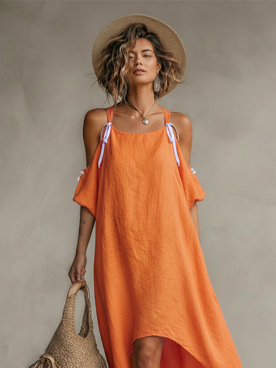 Women's Tangerine Dress With Cold Shoulder & High-Low Hem, Timeless Boho-Resort Style Dress