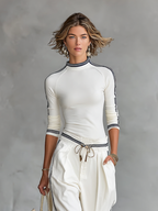 Women's Two-Piece Set: Long Sleeve Sporty T-Shirt with High Neck and Loose Pants with Drawstring