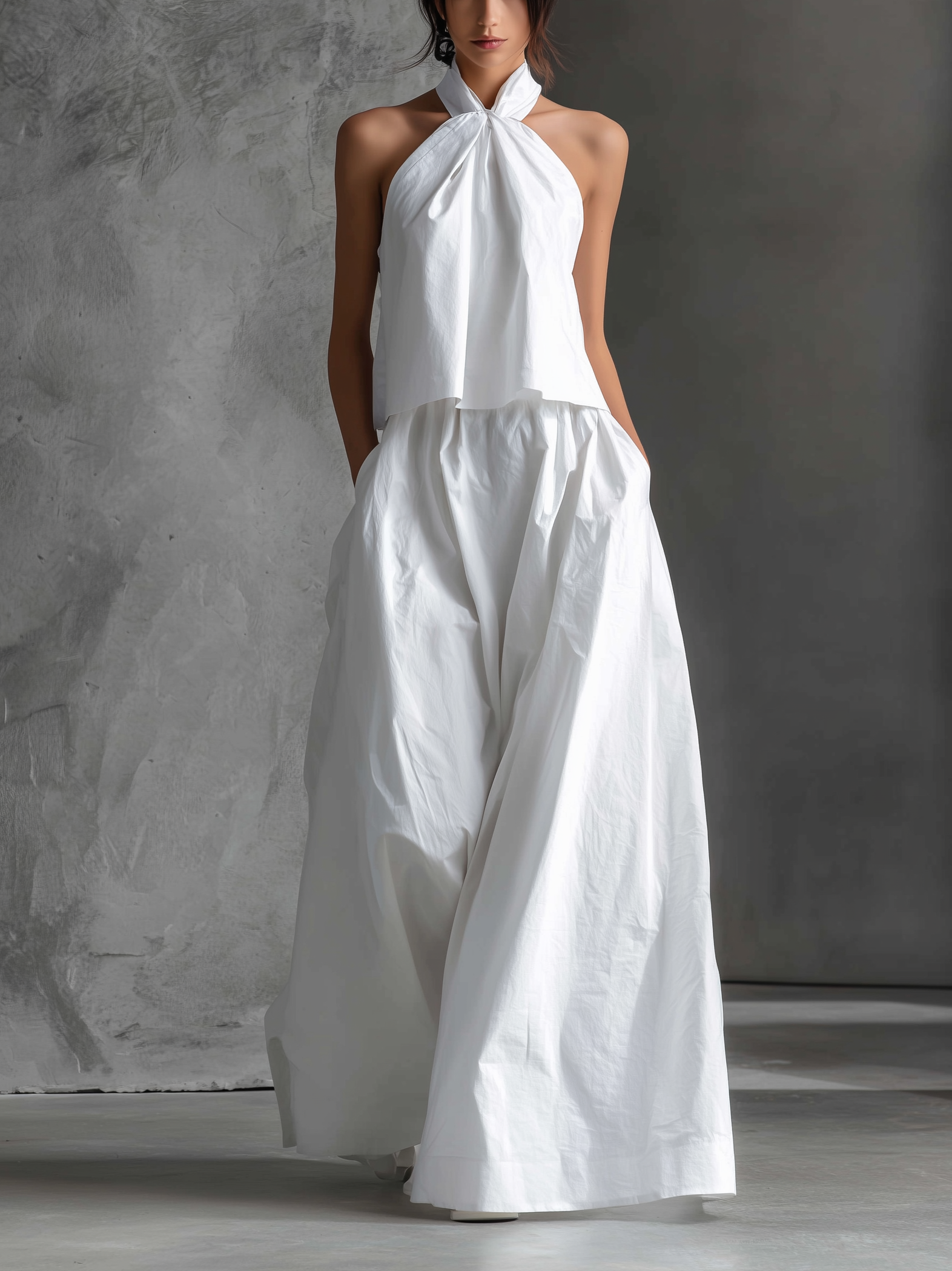 Women's Casual White Halter-neck Sleeveless Top And Skirt Set