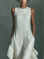 Women's Ivory Sleeveless Maxi Dress With Round Neck & Ruffle Hem