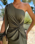 Odessa - Asymmetrical Ruched Bandage Midi Dress