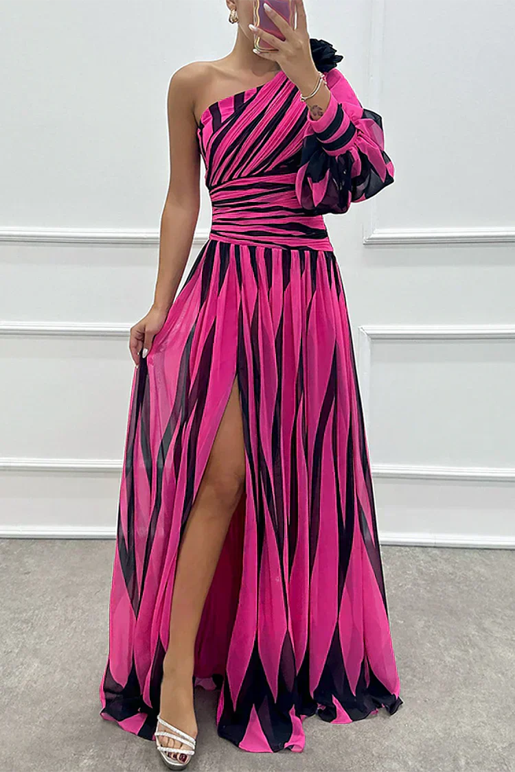 Shiloh - Elegant Striped Wedding Guest Maxi Dress with One Shoulder