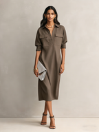 Women's Elegant Black Shirt Collar Short-sleeved Midi Dress