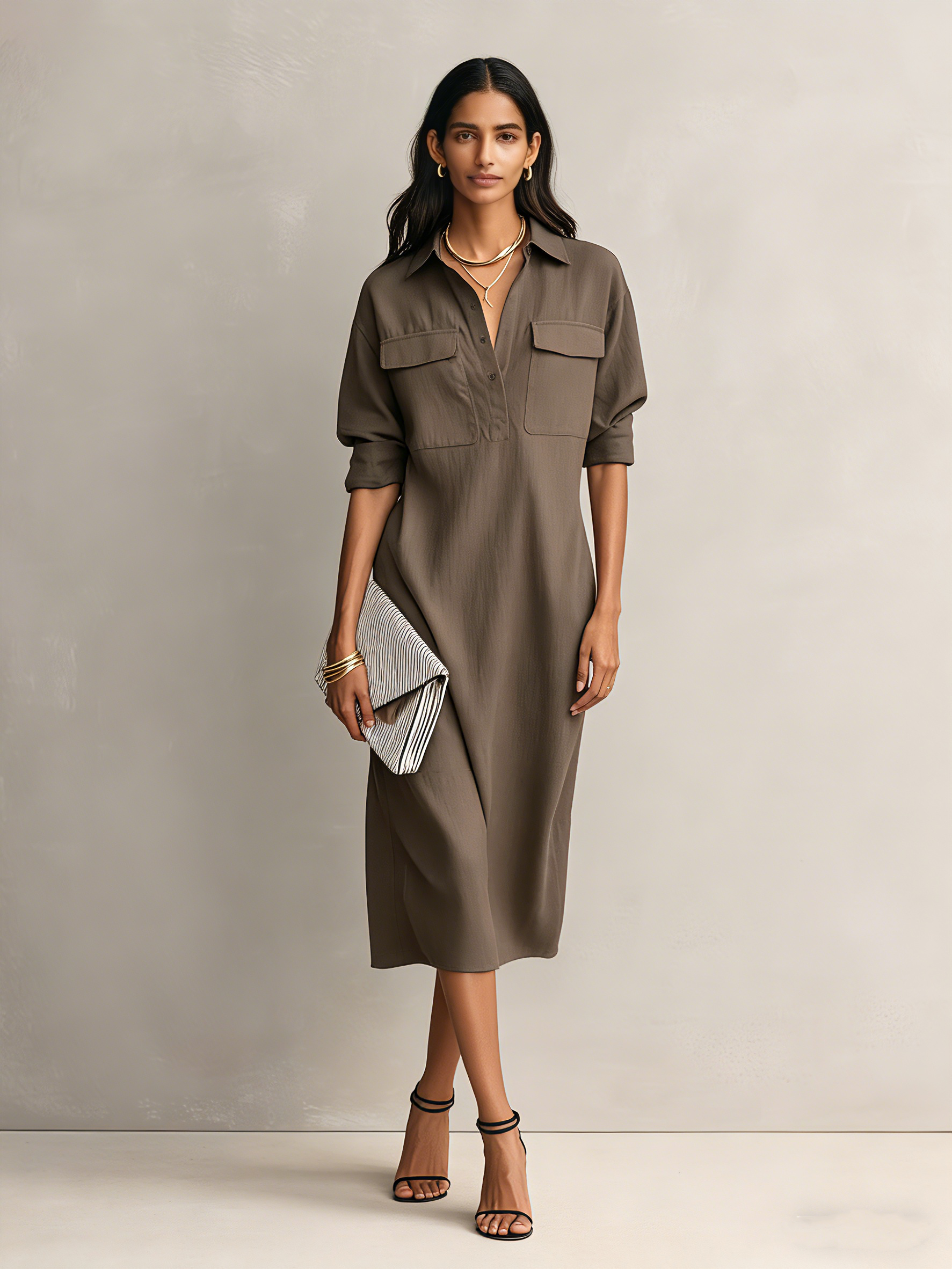 Women's Elegant Black Shirt Collar Short-sleeved Midi Dress