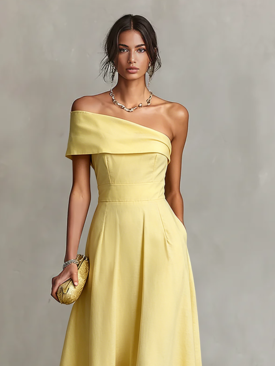 Women's Yellow Dress With One-Shoulder Neckline & Fitted Waist, Timeless Elegant-Chic Style Dress