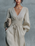 Women's Beige Striped V-Neck Shirred Waist Maxi Dress