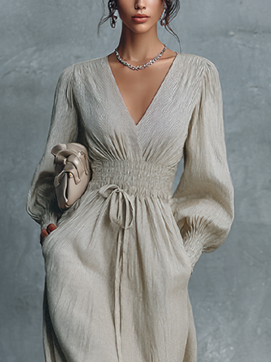 Women's Beige Striped V-Neck Shirred Waist Maxi Dress