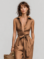 Women's Tobacco Brown Jumpsuit With Self-Tie Waist & Collared V-Neck, Timeless Resort-Casual Style Jumpsuit