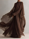 Women's Rich Brown Chiffon Dress With Flowy Maxi Silhouette & Cape-like Design, Modern Elegant-Glam Style Dress