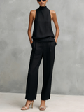 Women's Elegant Black Round-neck Sleeveless Top And Trousers Set