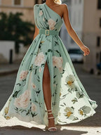 Julie | Light Green Floral Chiffon Maxi Dress with One Shoulder