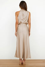 Carlina | Long Satin Wedding Guest Maxi Dress with Halter Neck