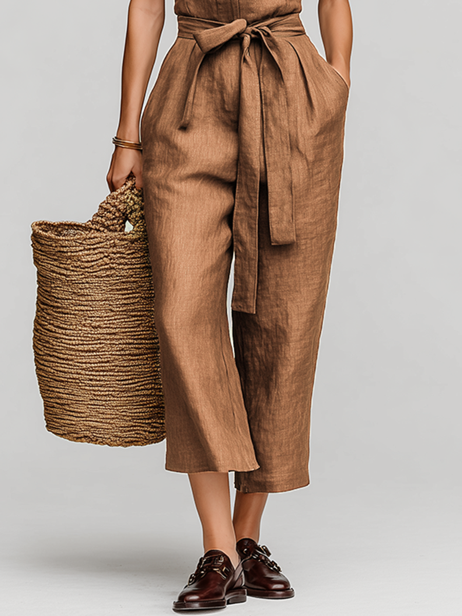 Women's Tobacco Brown Jumpsuit With Self-Tie Waist & Collared V-Neck, Timeless Resort-Casual Style Jumpsuit