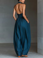 Women's Navy Blue Cross Halter Wide-Leg Jumpsuit With Tie Waist & Side Pockets